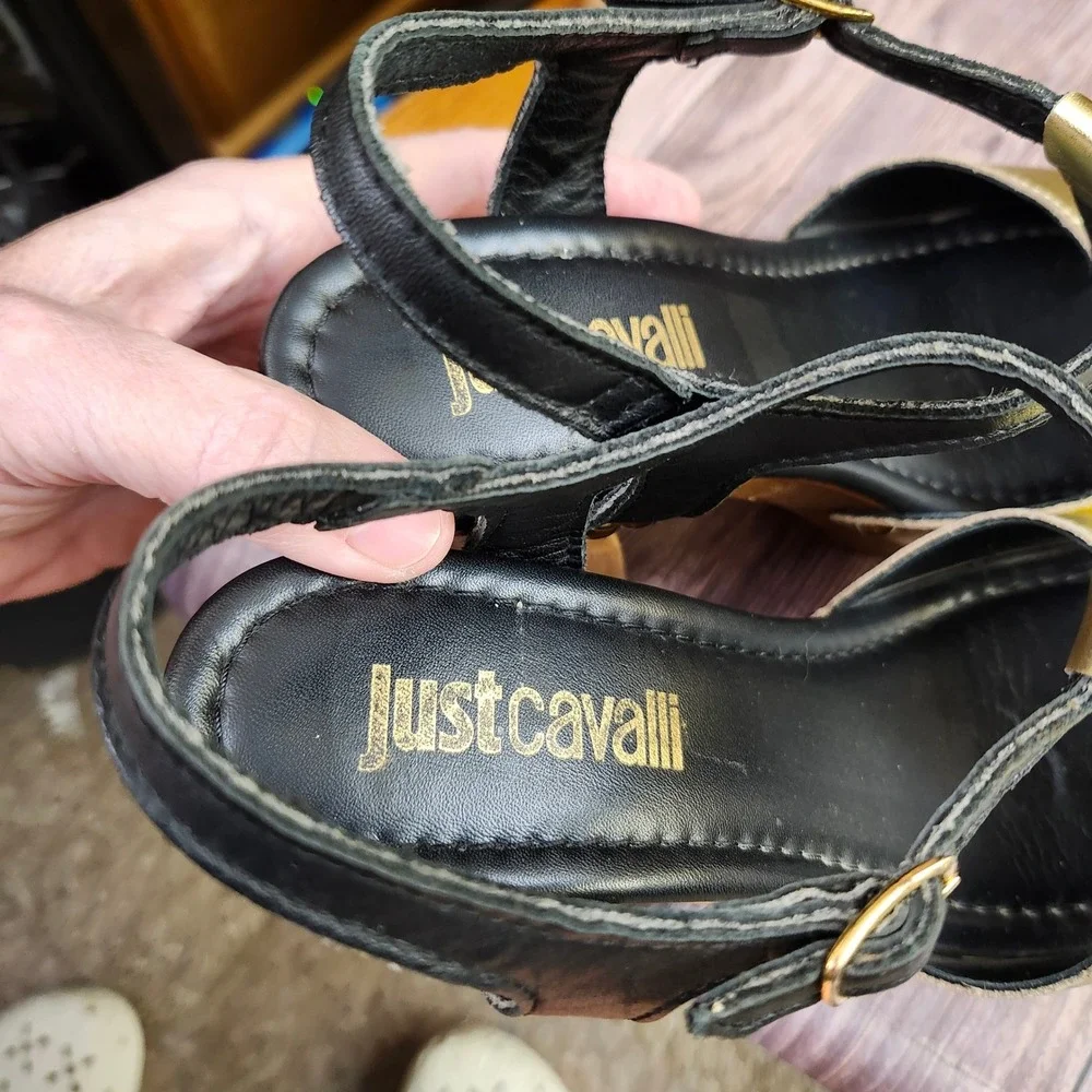 Just Cavalli Gold Black Leather Studded Wooden Platform Sandals Heels Italy 37